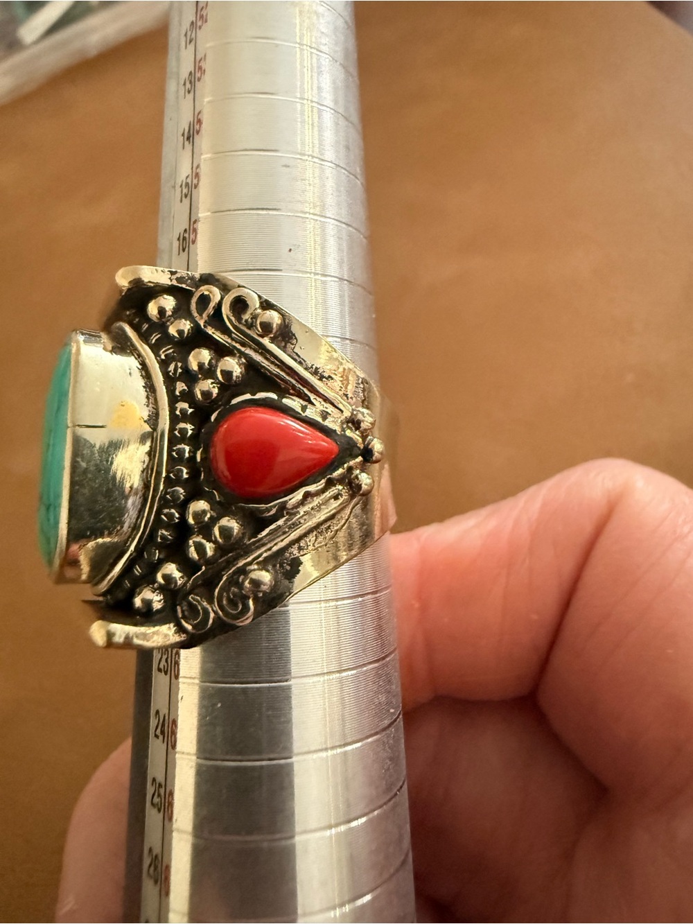 Tibetan Silver Ring with Turquoise, Red Coral. Size 9 - Picture 6 of 7